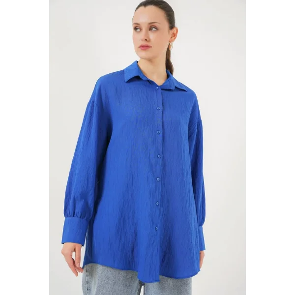 Çizgili Uzun Gömlek Tunik 5963 - Saks