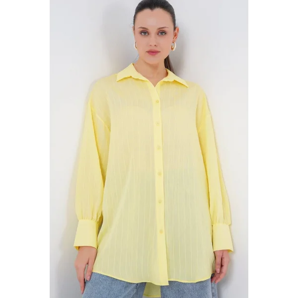 Çizgili Uzun Gömlek Tunik 5963 - Sarı