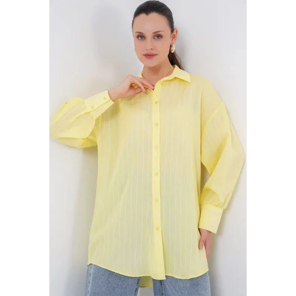 Çizgili Uzun Gömlek Tunik 5963 - Sarı