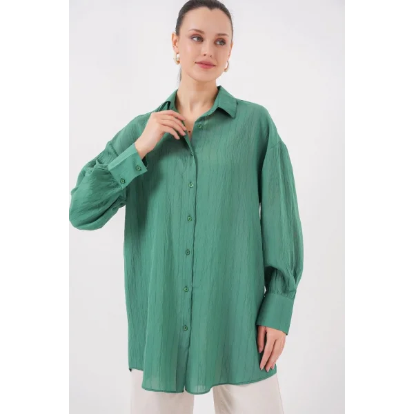 Çizgili Uzun Gömlek Tunik 5963 - Zümrüt Yeşili