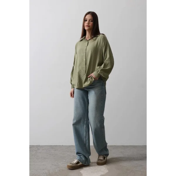 Çizgili Uzun Kol Gömlek  Haki