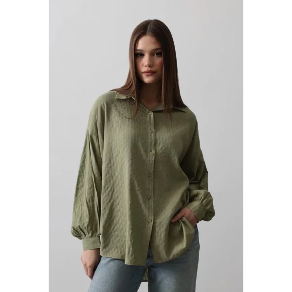 Çizgili Uzun Kol Gömlek  Haki