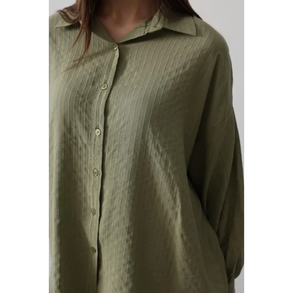 Çizgili Uzun Kol Gömlek  Haki