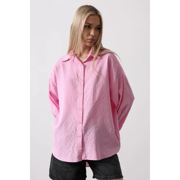 Çizgili Uzun Kol Gömlek  Pembe