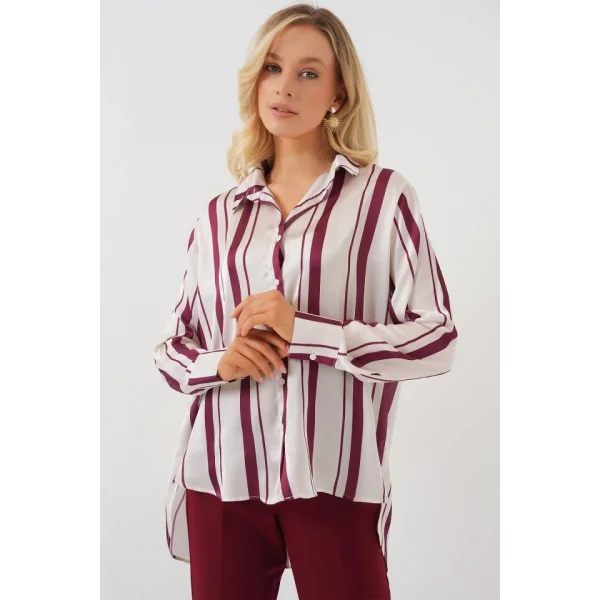 Çizgili Uzun Saten Gömlek 20291 - Bordo