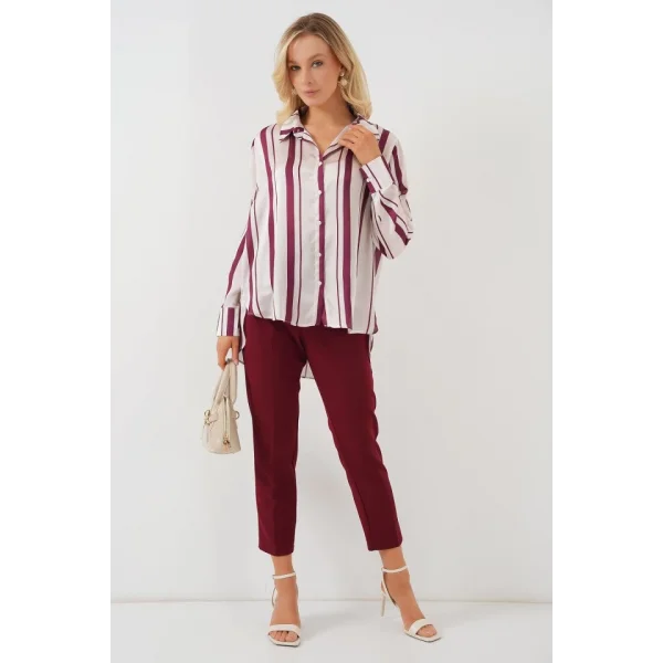 Çizgili Uzun Saten Gömlek 20291 - Bordo