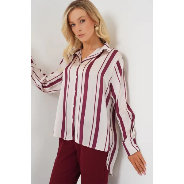 Çizgili Uzun Saten Gömlek 20291 - Bordo