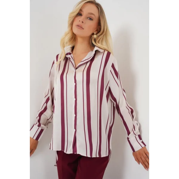 Çizgili Uzun Saten Gömlek 20291 - Bordo