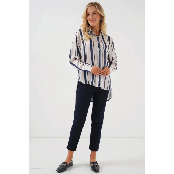 Çizgili Uzun Saten Gömlek 20291 - Lacivert