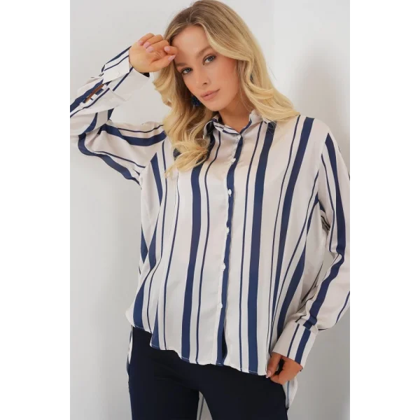 Çizgili Uzun Saten Gömlek 20291 - Lacivert