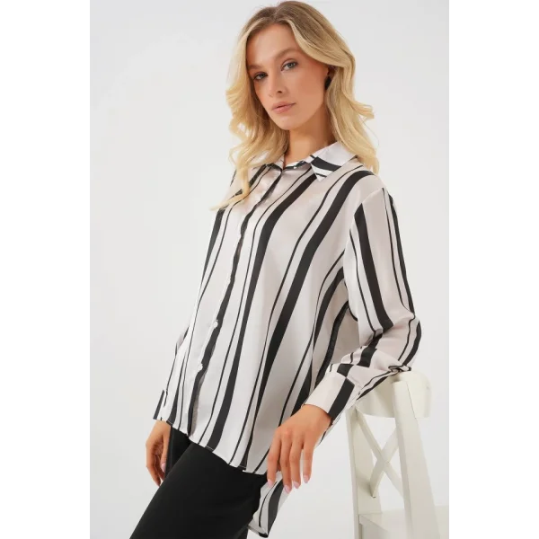 Çizgili Uzun Saten Gömlek 20291 - Siyah
