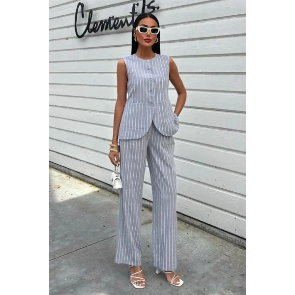 Çizgili Viscon Keten Yelekli Rahat Takım 10121