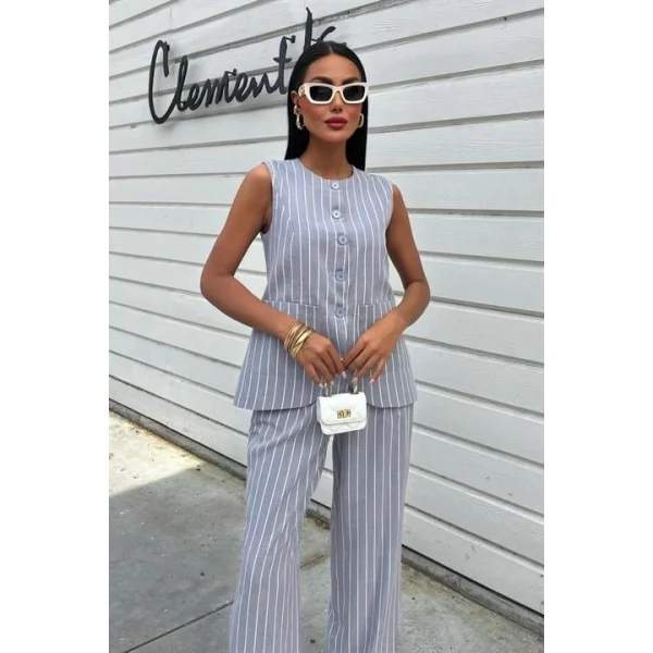 Çizgili Viscon Keten Yelekli Rahat Takım 10121