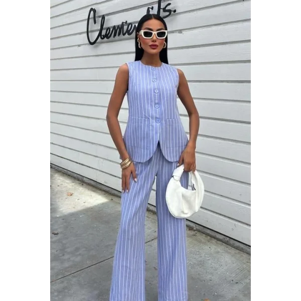 Çizgili Viscon Keten Yelekli Rahat Takım 10121