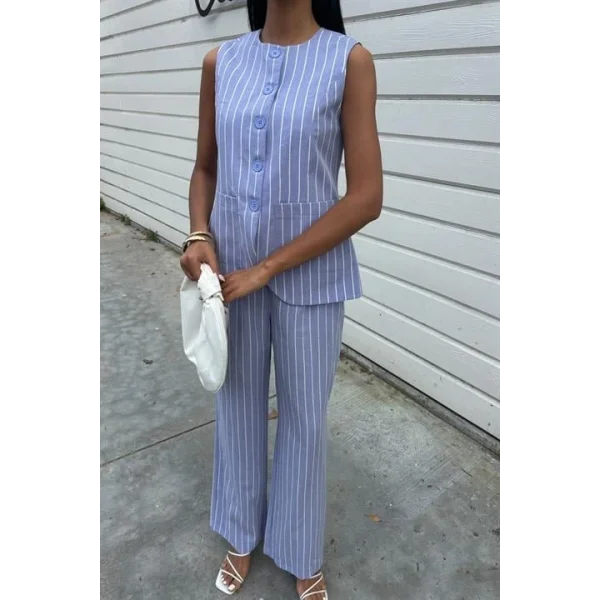 Çizgili Viscon Keten Yelekli Rahat Takım 10121