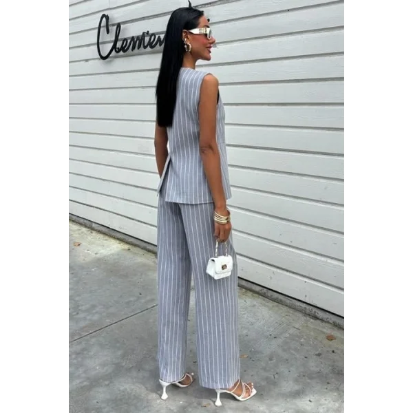 Çizgili Viscon Keten Yelekli Rahat Takım 10121