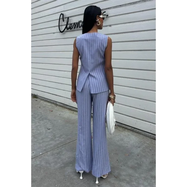 Çizgili Viscon Keten Yelekli Rahat Takım 10121