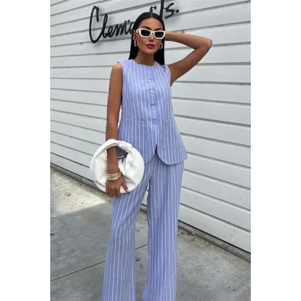 Çizgili Viscon Keten Yelekli Rahat Takım 10121