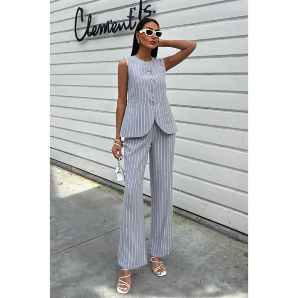 Çizgili Viscon Keten Yelekli Rahat Takım 10121