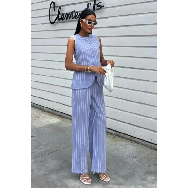 Çizgili Viscon Keten Yelekli Rahat Takım 10121