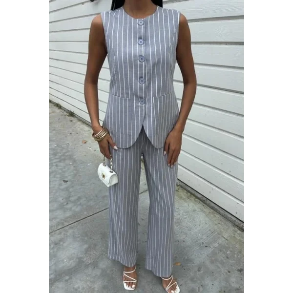 Çizgili Viscon Keten Yelekli Rahat Takım 10121