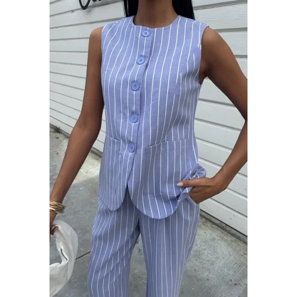 Çizgili Viscon Keten Yelekli Rahat Takım 10121