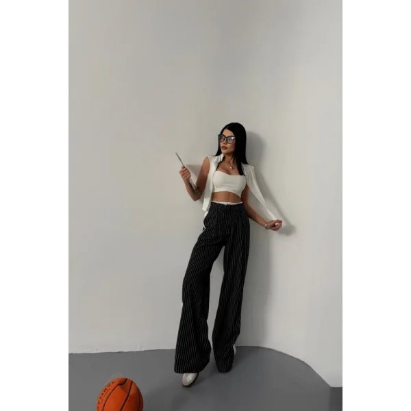 ÇİZGİLİ YANLAR ŞERİT DETAYLI PANTOLON - Siyah