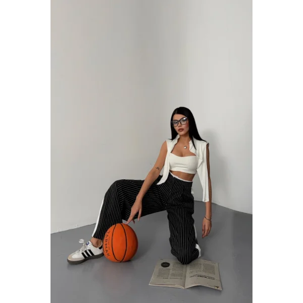 ÇİZGİLİ YANLAR ŞERİT DETAYLI PANTOLON - Siyah