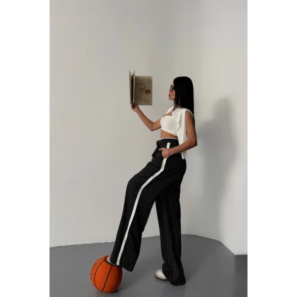 ÇİZGİLİ YANLAR ŞERİT DETAYLI PANTOLON - Siyah