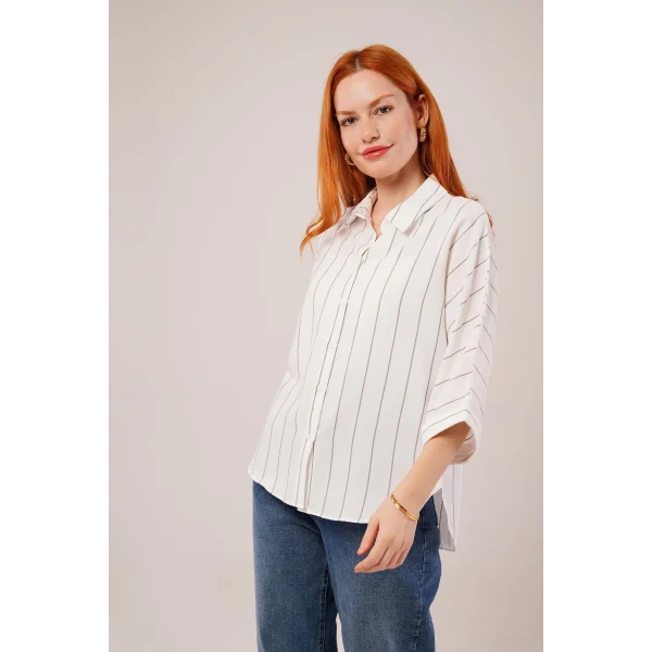 Çizgili Yarasa Kol Gri Gömlek