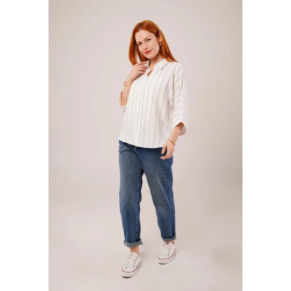 Çizgili Yarasa Kol Gri Gömlek
