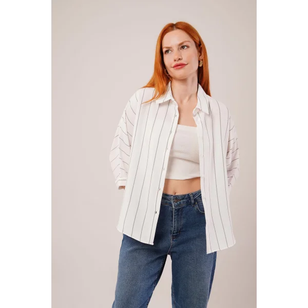 Çizgili Yarasa Kol Gri Gömlek