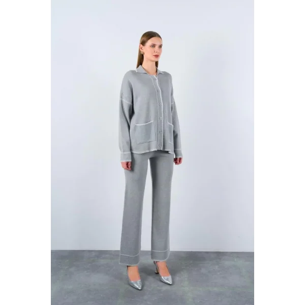 Çoban Dikişli Pantolon Takım  GriEkru