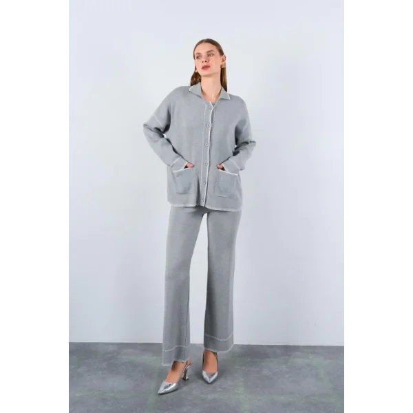 Çoban Dikişli Pantolon Takım  GriEkru