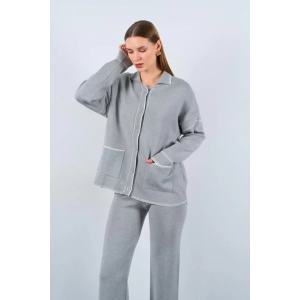 Çoban Dikişli Pantolon Takım  GriEkru