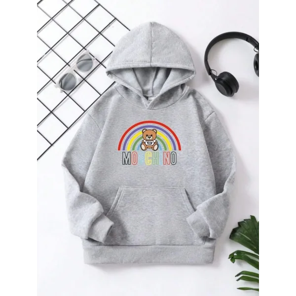 Çocuk Unisex Kapüşonlu Büyük Gökkuşağı Baskılı Pamuklu Sweatshirt - Gri