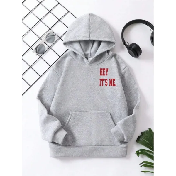 Çocuk Unisex Kapüşonlu Hey Its Me Baskılı Pamuklu Sweatshirt - Gri