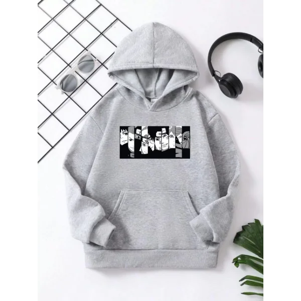 Çocuk Unisex Kapüşonlu Koyu Anime Baskılı Sweatshirt - Gri