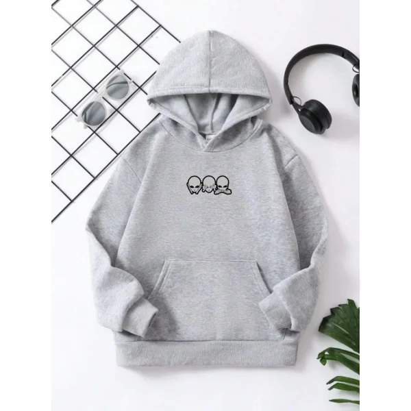 Çocuk Unisex Kapüşonlu Mini Kafa Baskılı Pamuklu Sweatshirt - Gri