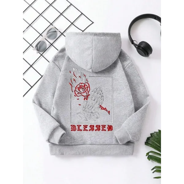 Çocuk Unisex Kapüşonlu Ön ve Arka Blessed Baskılı Pamuklu Sweatshirt - Gri