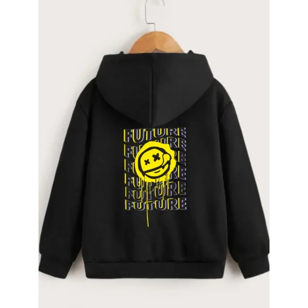 Çocuk Unisex Kapüşonlu Ön ve Arka Emoji Baskılı Sweatshirt - Siyah