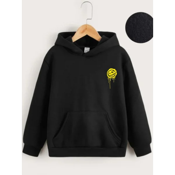 Çocuk Unisex Kapüşonlu Ön ve Arka Emoji Baskılı Sweatshirt - Siyah