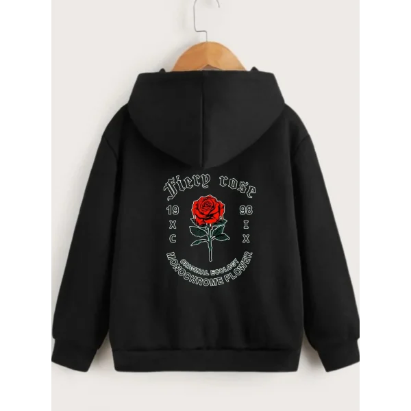 Çocuk Unisex Kapüşonlu Ön ve Arka Fiery Rose Baskılı Sweatshirt - Siyah