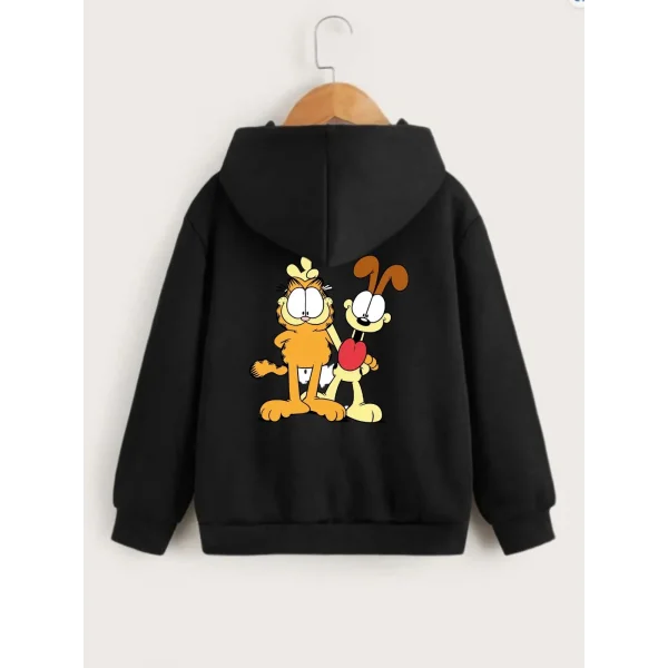 Çocuk Unisex Kapüşonlu Ön ve Arka Garfield Baskılı Sweatshirt - Siyah