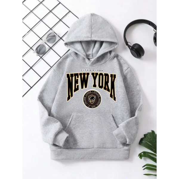 Çocuk Unisex Kapüşonlu Sarı New York Baskılı Pamuklu Sweatshirt - Gri