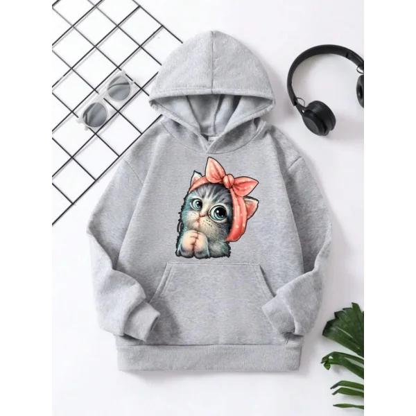 Çocuk Unisex Kapüşonlu Tatlı Kedi Baskılı Pamuklu Sweatshirt - Gri