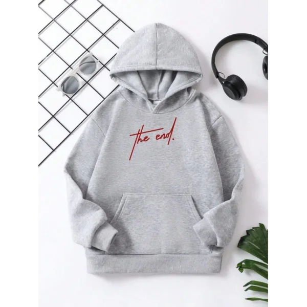 Çocuk Unisex Kapüşonlu The End Baskılı Pamuklu Sweatshirt - Gri