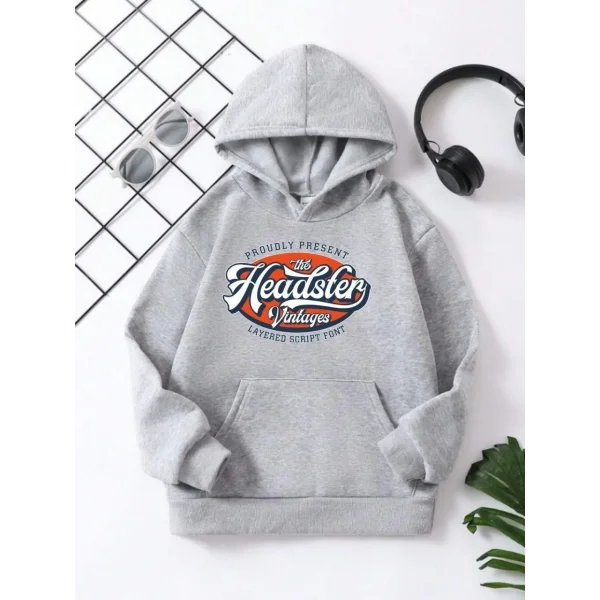 Çocuk Unisex Kapüşonlu Vintages Baskılı Pamuklu Sweatshirt - Gri