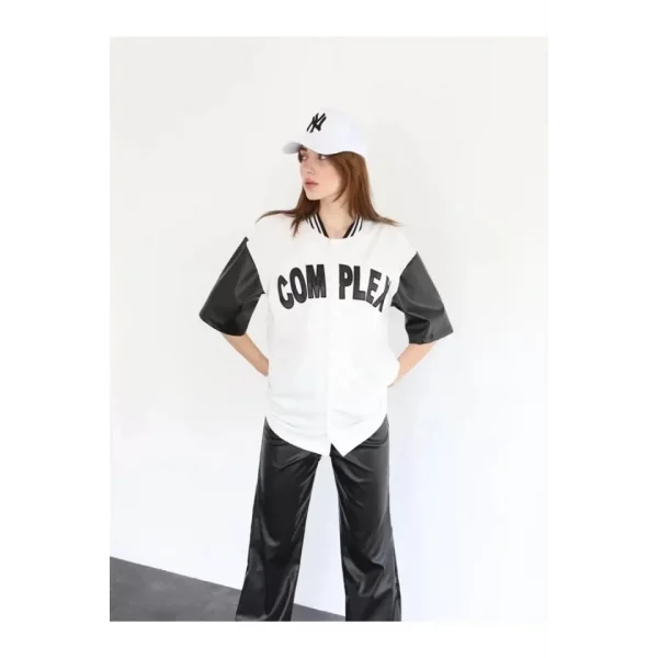 Complex Kolları Deri Kolej Oversize Tshirt  Beyaz