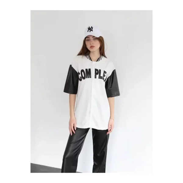 Complex Kolları Deri Kolej Oversize Tshirt  Beyaz